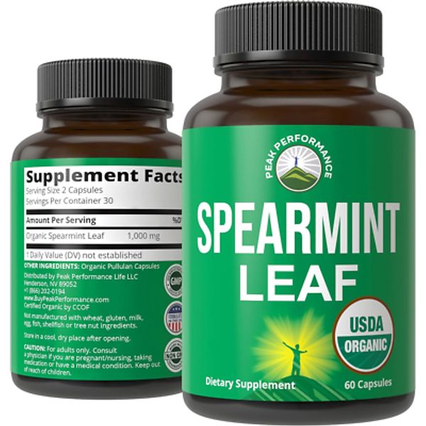 USDA Organic Spearmint Capsules. Organic Vegan Spearmint Leaf Pills for Digestiv