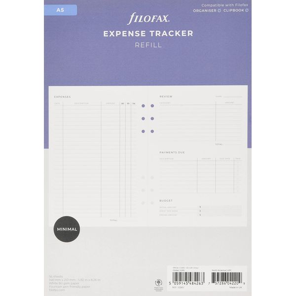 Filofax A5 Organiser Expense Tracker Refill, White