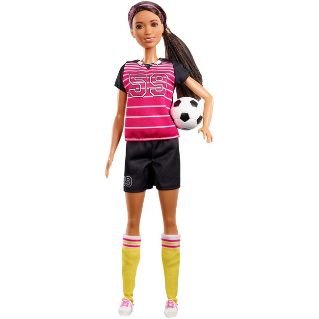 Barbie Athlete Doll, Brunette, Wearing Uniform and Socks with Soccer Ball