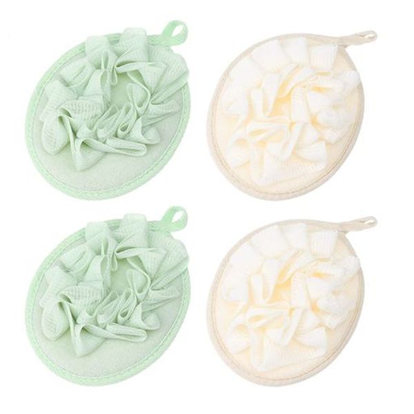 DECHOUS Body Wash Ball, Body Sponge, Bath, Foaming Net, Soap Ball, Fluffy, Gentle on Skin, Body Wash, Bath Towel, Bath Supplies, Unisex (4 Pieces, Green + Beige)