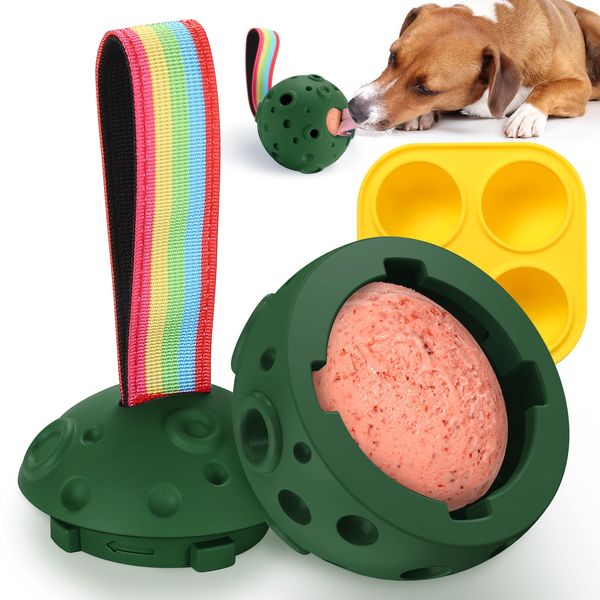 Larimuer Fillable Dog Chew Toy, Treat Tray for Frozen Dog Food, DIY Fillable Rubber Treat Toy and Silicone Molds, Sturdy Chew Enrichment Stimulation Toys (Green)