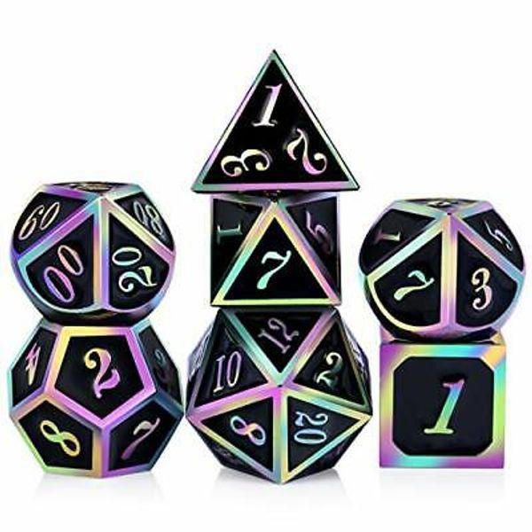 Rainbow Edge 7 Pieces Metal Dice Set DND Polyhedarl Rainbow Number With Black