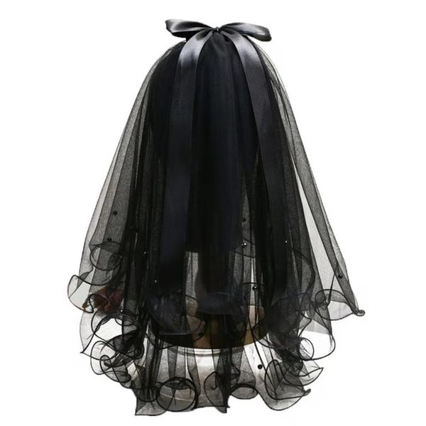 Caiguoer Short Black Wedding Veil, 2 Tier Gothic Bride Veil Halloween Party Bow Veil with Comb Cosplay Accessories for Women and Girls