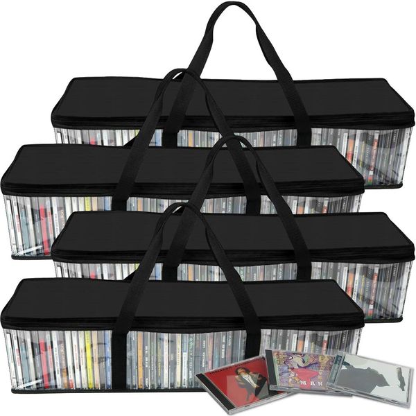 Evelots CD Storage Bags (4 Pack) Clear PVC Plastic Media Carrying Case with Zipper - Holds 400 CDs Total - Strong Handles - Protects CDs, Video Games, Music from Dirt & Moisture