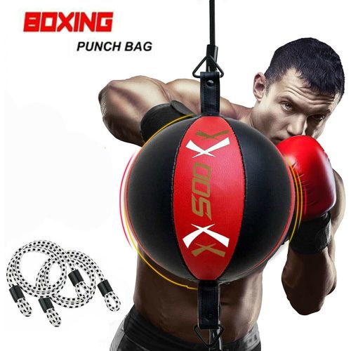 Leather Double End Dodge Speedball Bag MMA Boxing Training Floor to Ceiling Punch Bag Punching Speed Ball Boxing Trainer (Red/Black)