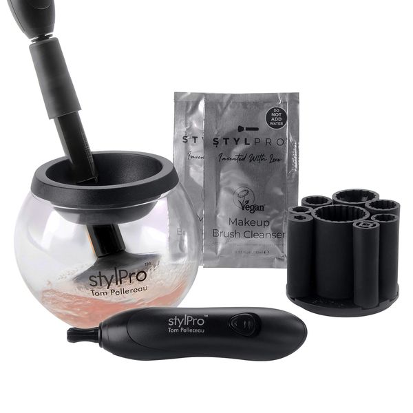 STYLPRO Electric Makeup Brush Cleaner and Dryer Machine with 8 Brush Collars, Brush Cleanser - Fast, Automatic Spinning Brush Cleaner with Heat-Resistant Bowl - Premium Makeup Brush Cleaning Kit