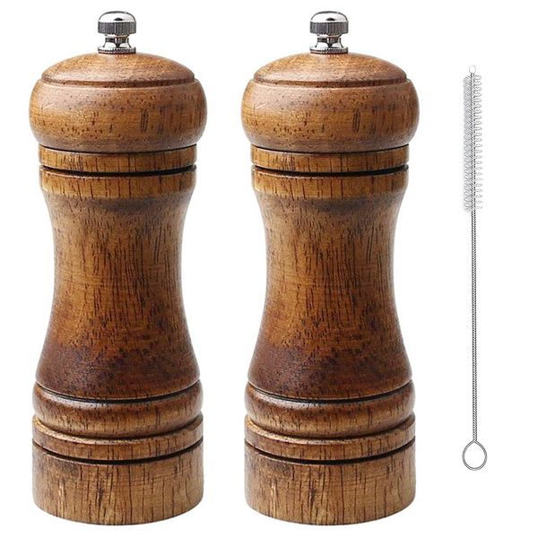 Premium Wooden Salt Pepper Grinder Set,Wooden Salt and Pepper Shakers Adjustable Coarseness Ceramic Grinder and Pepper Mill with Cleaning Brush, 5 inches (2 Pieces)