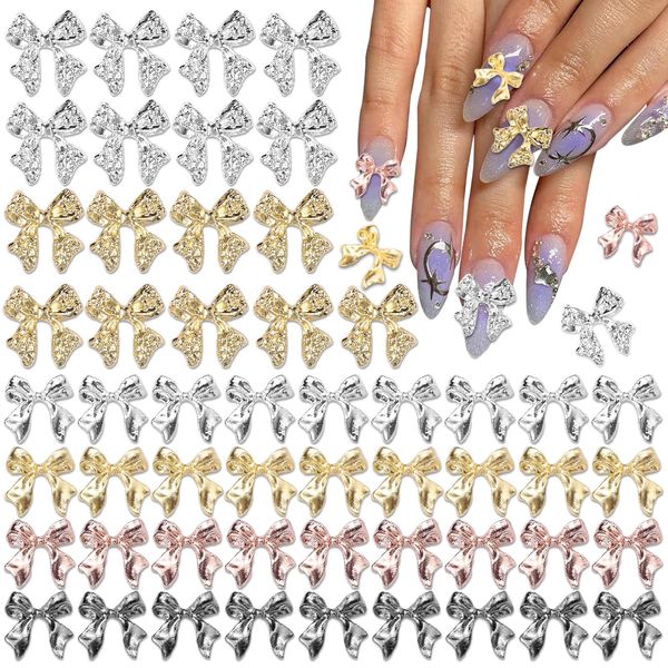 UOTEY 60Pcs Metal Bow Nail Charms, Alloy Nail Bows 3D Golden Silver Gray Bowknots Charms for Nails, Luxury Shiny Bow Tie Nail Gems Charms, Nail Art Accessories Manicure Nails DIY Charms