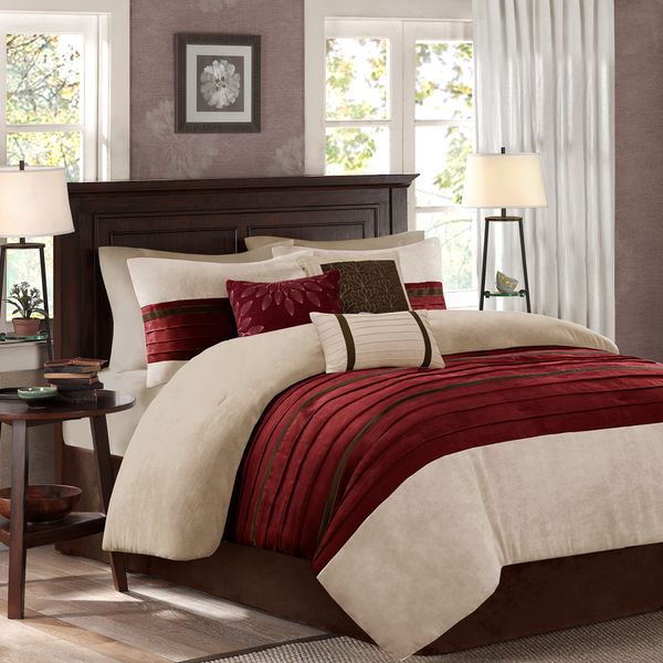 Madison Park Palmer Comforter Set-Luxury Faux Suede Design, Striped Accent, All Season Down Alternative Bedding, Matching Shams, Decorative Pillow, Bed Skirt, Queen (90 in x 90 in), Red 7 Piece