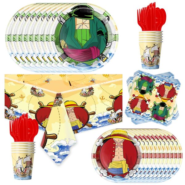 81pcs Pirate for One Piece Party Supplies Tableware Plates Napkins Cups Fork and Tablecloth,for One Piece Theme Birthday Party Decoration