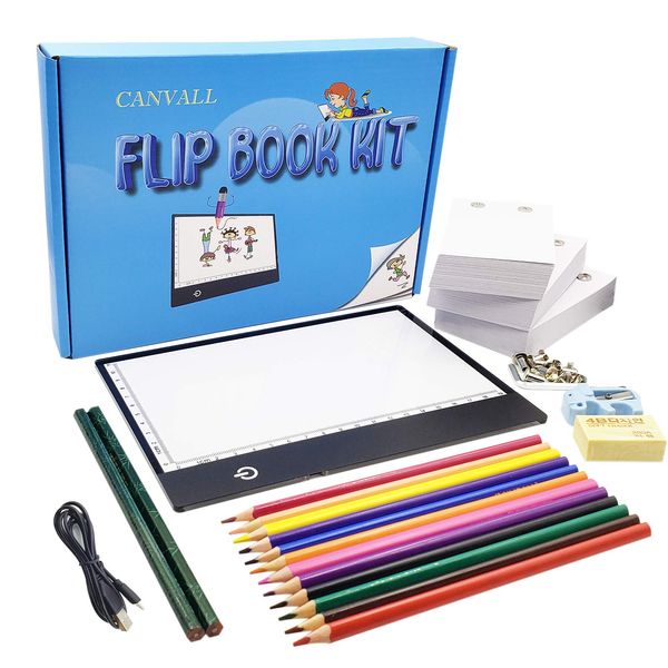 Canvall Flipbook Set for Drawing and Tracing Animation, Include: LED Light Box, 540 Pages Animated Loose-Leaf Paper, 2 HB +12 Colored Drawing Pencils, Pencil Sharpener, Eraser and Screwdriver