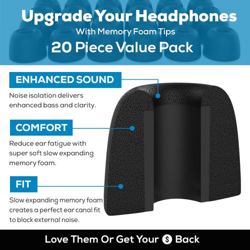 SONICFOAM Memory Foam Earbud Tips - Premium Noise Isolation, Replacement Foam Earphone Tips, 20 Pack for in Ear Headphone Earbuds (SF0 Medium, Black)