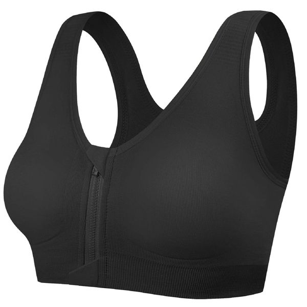 Tuopuda Damen Sport BH Gepolstert Elastizität Bustier Yoga BH ohne Bügel Push Up Zip Front Sports Bra Starker Halt Doppelt Träger Große Brüste für Fitness Laufen Joggen Top, schwarz, M