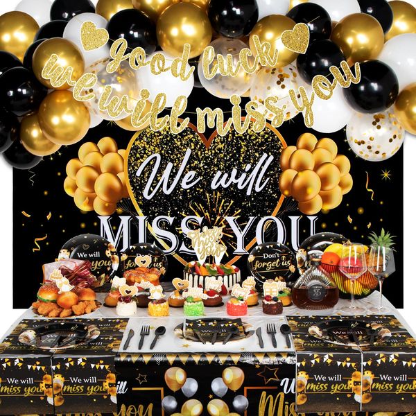 HJINGY We Will Miss You Decorations, Going Away Party Decorations Includes Farewell Decorations Party Backdrop, We Will Miss You Banner, Balloons, Tablecloth, Banners, Cake Toppers, Paper Plates Set