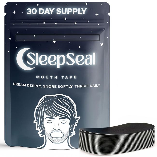 SleepSeal Mouth Tape for Sleeping | 30 Black Strips | Snoring Aid for Men and Women, Anti-Snoring Device | Strong and Comfortable Sleep Aid Tape to Improve Nasal Breathing | Hypoallergenic, Drug-Free