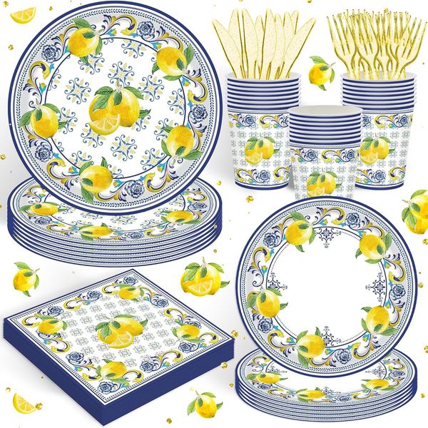 120PCS Capri Lemon Party Supplies for Baby Showe Bridal Shower Wedding Summer Citrus Fruit Themed Birthday Party Decor Italy Yellow Lemon Tableware Disposable Paper Plates Napkins Forks for 20 Guests