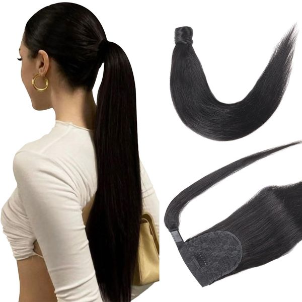 Ainimiu 20 inch Straight Ponytail Extension Human Hair 100% Straight Remy Human Hair Ponytail Wrap Around Ponytail Human Hair Clip in Hair Extensions One Piece Hairpiece for Women