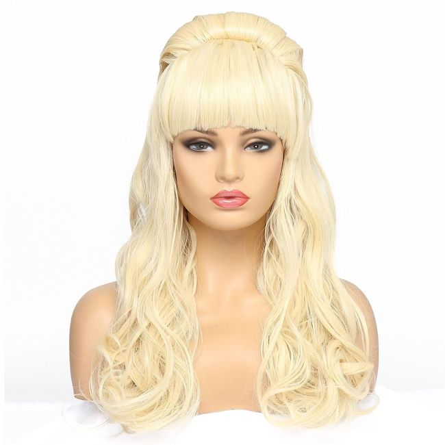 BESTUNG Long Wavy Blonde Wig Women's Big Costume Wig Bouffant Beehive Wigs 50s 80’s Classical Curly Hair Wigs for Women (Blonde)