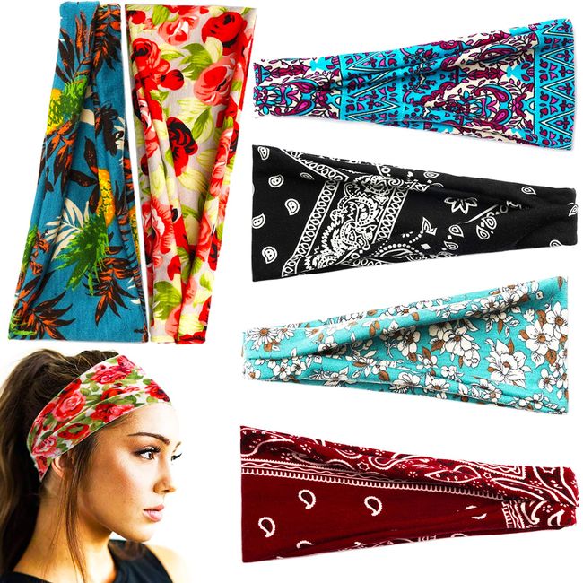 Cutefly 6 Stück Bandana Stirnband, Retro Gedruckt Haarband, Stirnbänder Boho, Elastisches Breiter Haarband, Haarbänder Damen, Mit Elastischem Geeignet Für Den Täglichen Gebrauch, Reisen