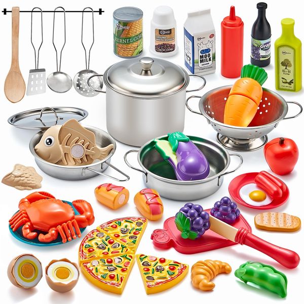 Kidsciety Pretend Play Kitchen Accessories, 52pc Kids Kitchen Playset with Play Food, Stainless Steel Cookware, Kitchen Toys Pots and Pans, Toddler Kitchen Set with Cuttable Toy Food, Boys Girls Gift