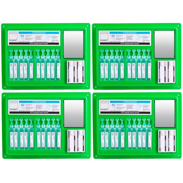 4x Sterile Eye Wash Pod Stations - Wall Mountable Work First Aid Kit