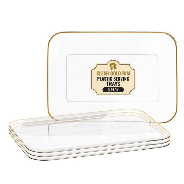 3 Pack Plastic Serving Trays for Party - Gold Serving Tray 8 by 11 Inch - Heavy Duty Dessert Trays for Food - Rectangular Party Serving Trays for Entertaining - Premium Party Trays - Clear Platters