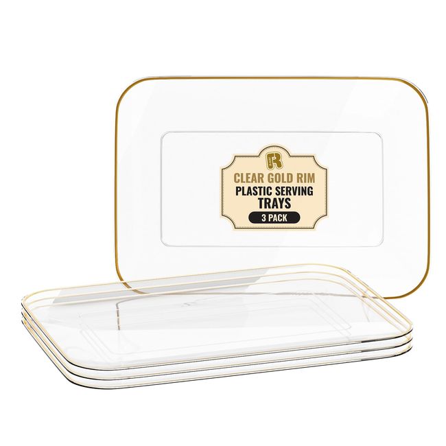 3 Pack Plastic Serving Trays for Party - Gold Serving Tray 8 by 11 Inch - Heavy Duty Dessert Trays for Food - Rectangular Party Serving Trays for Entertaining - Premium Party Trays - Clear Platters