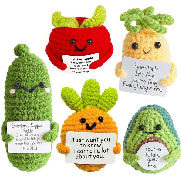 WAWAZU Positive Crochet Doll, Emotional Support Pickle Cucumber,5PCS Handmade Encouragement Support Knitted Dolls, Including Plush, Apple, Pineapple, Carrot and Avocado with Positive Card