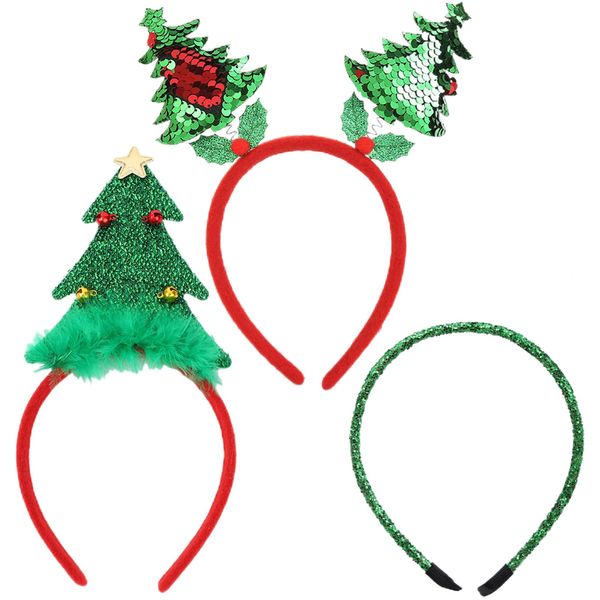 Christmas Headbands, 3 PCS Christmas Tree Headband Sparkling Green Sequins Hair Accessories Headdress for Women Festival Role-playing Christmas Decorations Party Supplies Gifts