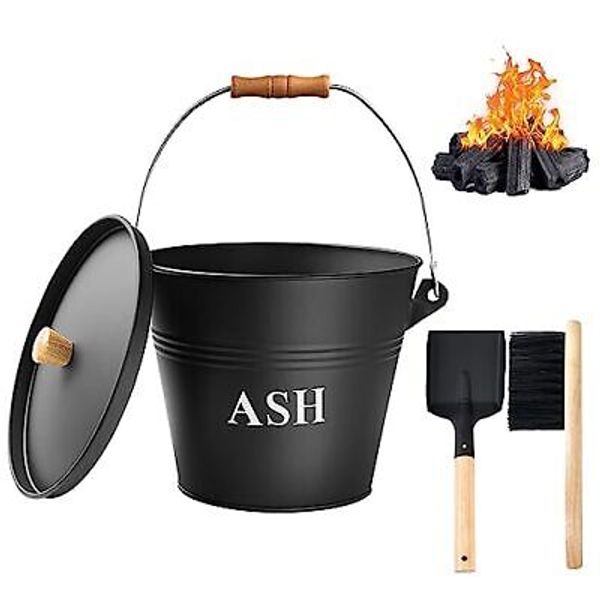 Ash Bucket with Lid Shovel and Hand Broom, 1.5 Gallon Fireplace Metal 1.5Ga