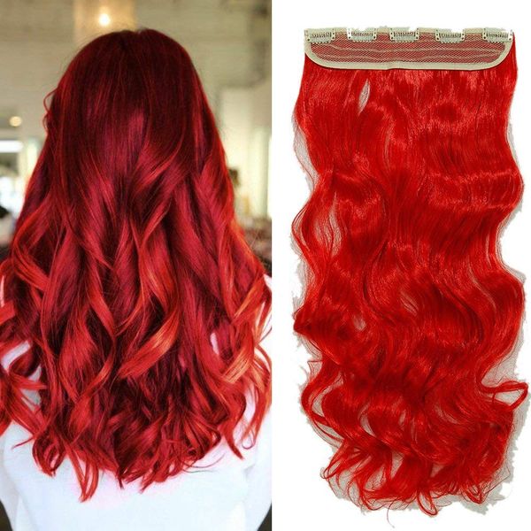 120G Hair Extensions One Piece Clip In Curly Hairpieces Wavy 5 Clips For Women Ladies Beauty (24" Inch/60CM, Red)