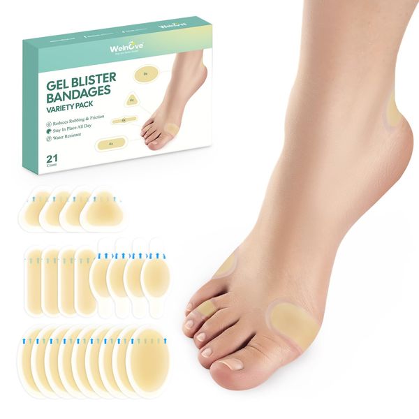 21 Pieces Blister Plasters for Feet - Welnove Invisible Hydrocolloid Gel Blister Bandages - Blister Cushion Pad for Heel Foot Toe and Guard Skin