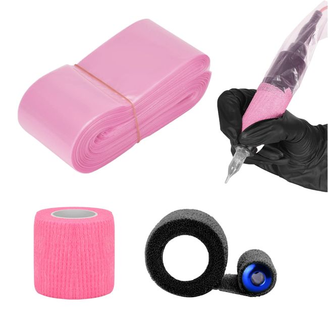 ATOMUS 100pcs Tattoo Clip Cord Sleeves with 2pcs Self-adhesive Bandage Disposable Plastic Cover Bags Tattoo Pen Bag Tattoo Machine Accessories (Pink)