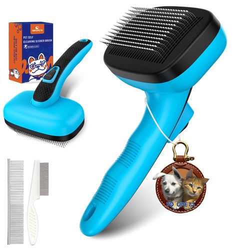 YOYUPETA 3 PCS Dog Grooming Kit – Self Cleaning Slicker Brush for Shedding Short & Long Haired Dogs & Cats. Removes Loose Fur, Undercoat, Mats, Tangles. Suit for Small, Medium & Large Pets. Blue