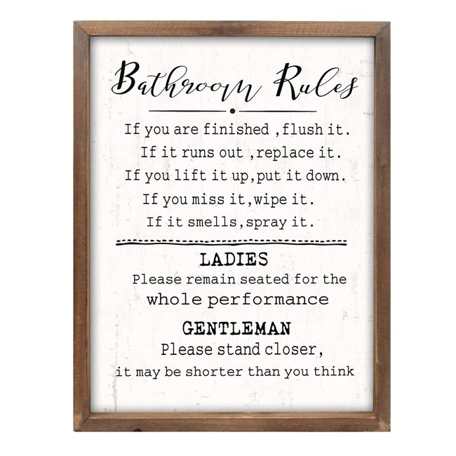 Wartter Rustic Bathroom Rules Sign,Farmhouse Toilet Wall Decor,Funny Bathroom Wood Framed Wall Art Decorations(11.8x15.8in) (white)