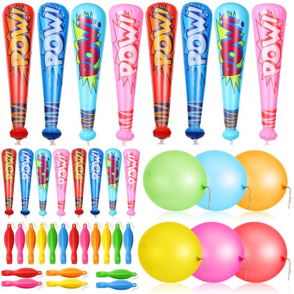 Seematn 32 Pcs Pow Inflatable Baseball Bats and Punch Balloons 18 Inch Inflatable Bat Toy Carnival Prizes Goodie Bag Stuffers for Boys Birthday Games Party Favors