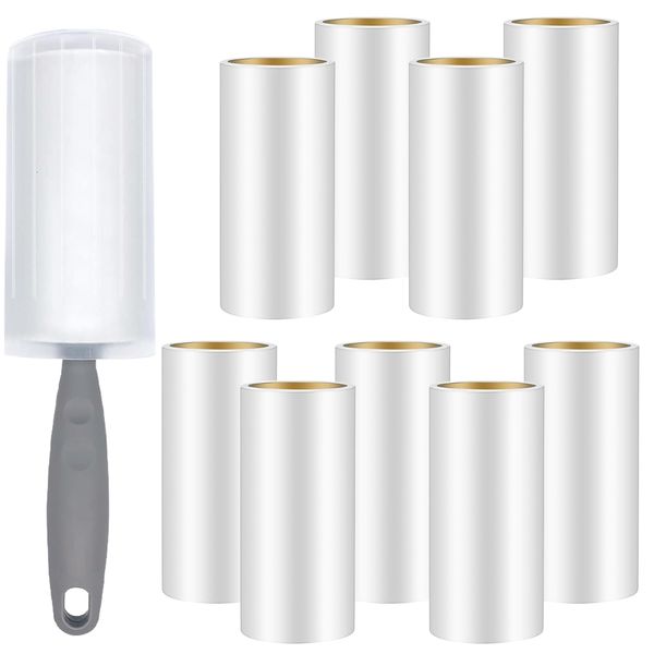 Omtofo 9 Rollen 540 Blatt Fusselrolle mit 1 Staubschutzhüllen + 1 Abroller, Extra Klebrig Lint Roller, Fusselrolle Tierhaare, Fusselroller für Kleidung, Haare, Sofa, Bett, Katzenhaare, Hundehaare