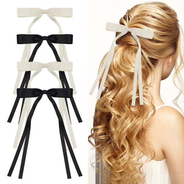 Abeillo 4 Stück Haarschleife Damen, Bogen Haarspangen Mädchen, Haarschleife mit Dünne Bänder, Schleife Haare - Schwarz Weiß Hair Bow Clip für Hair Deko Accessories