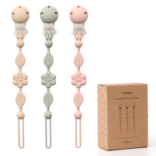 Pacifier Clips for Baby Silicone Pacifier Holder Clips for Boys Girls One Piece Baby Binky Clips YIVEKO Pacifier Clips Flower 3Pcs-Ivory+Sage+Blush