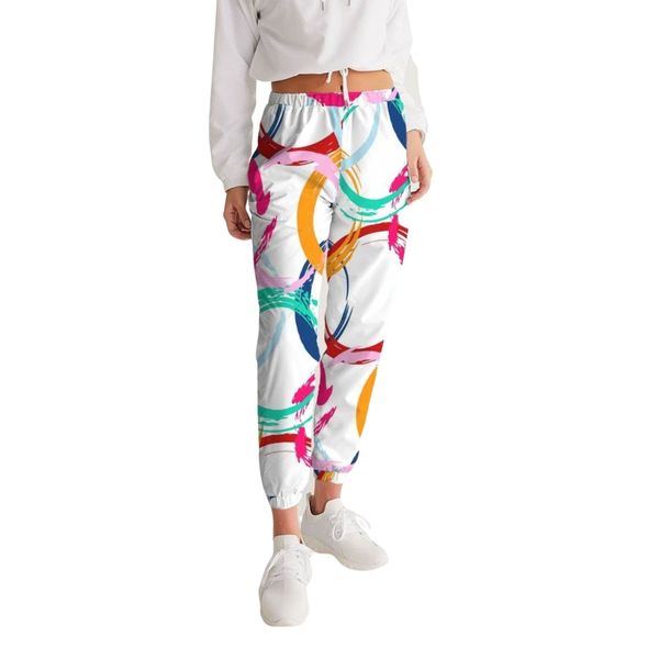 Womens Track Pants - White Multicolor Circular Graphic Sports Pants - S