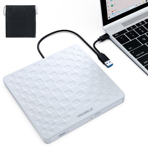 ORIGBELIE External CD/DVD Drive for Laptop, Ultra Slim 13mm USB 3.0 Type-C Portable DVD Player CD Burner Reader Writer Recorder for Desktop PC Windows 11/10/8/7 Linux Mac OS, White