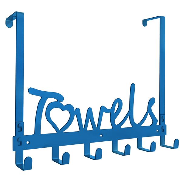 LLPJS Over The Door Towel Hooks, Metal Towel Racks, Heart Letter Towel Holder for Bathroom Door Hanger Hook Hanging Bath Towels, Head Towels, Robes Bathrobe Clothes, (Blue, Art Font 6 Hooks)