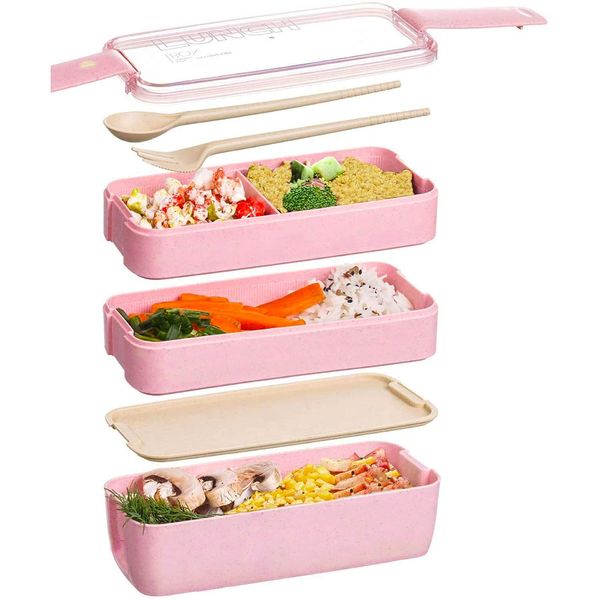 Japanese Bento Box Lunch Box,3-in-1 Compartment, Reusable Bento Lunch Box Meal Prep Containers with Fork,Spoon(Pink)