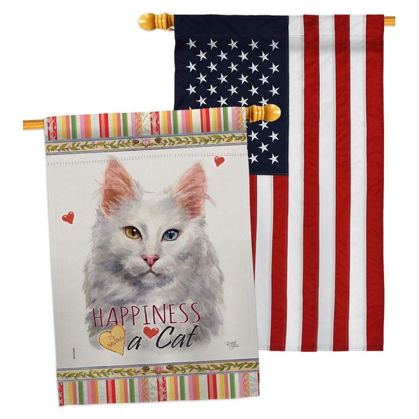 Breeze Decor Turkish Angora Happiness House Flag Pack Cat Kitten Meow Spoiled Paw Fur Pet Nature Farm Animal Creature Embroidery Banner Small Garden Yard Gift Double-Sided, Made in USA