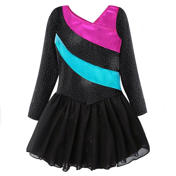 Kidsparadisy little girls gymnastics leotard long sleeve black dance leotard with skirt toddler ballet dress 4t (110(3-4Y), Black-hotpink)