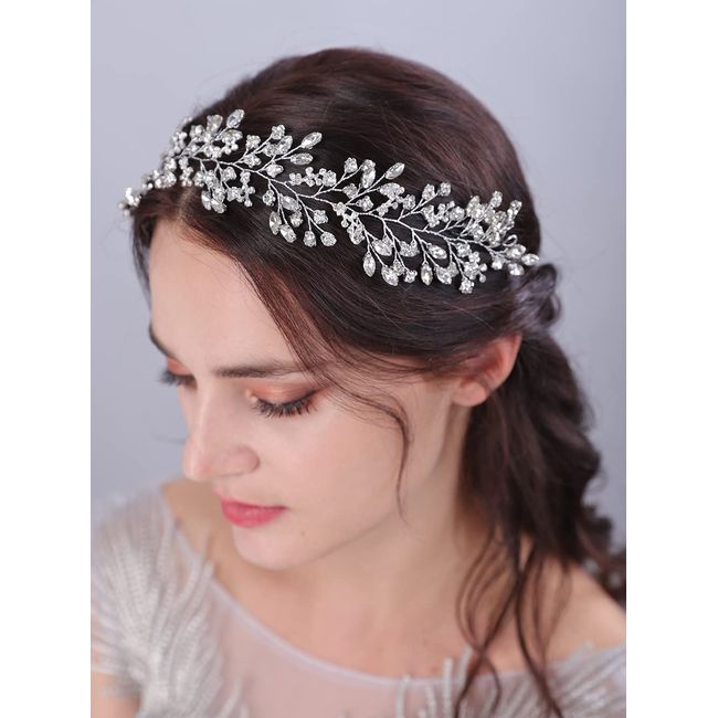 JWICOS Bride Wedding Crystal Hair Vine Bridal Silver Rhinestone Headband Wedding Hair Accessories for Women and Girls