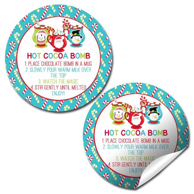 Festive Mugs & Candy Canes Themed Hot Cocoa Bomb Sticker Labels, Total of 40 2" Circle Stickers by Amanda Creation