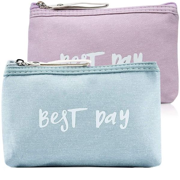 2 Pieces Travel Cosmetic Bag, Small Makeup Bag, Mini Cosmetic Bag, Coin Bag, Cotton Linen Portable Toiletry Bag with Zipper for Travel, Holiday, Daily Life (Blue, Purple)