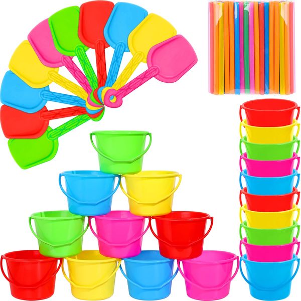 Sand Buckets and Shovels Beach Buckets and Shovels Set for Kids Plastic Bucket Beach Pail with 100 Plastic Straws for Summer Holiday Party Beach Birthday Party Favors (10 Sets)