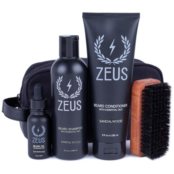 Zeus Deluxe Beard Care Kit Sandalwood Scent Beard Shampoo, Conditioner Oil Brush